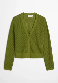 Ajour-Cardigan regular aus Baumwolle-Leinen-Slub-Garn