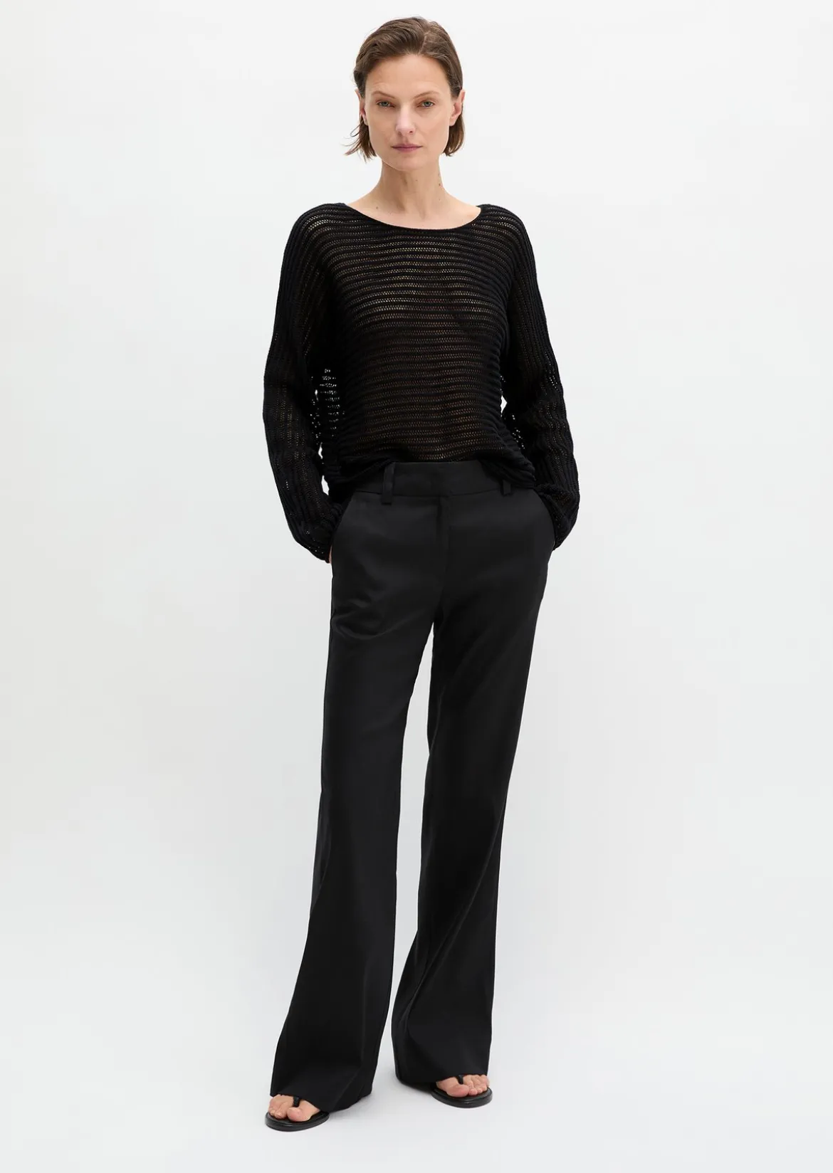 Ajour-Pullover relaxed aus Bio-Baumwolle-Leinen-Mix