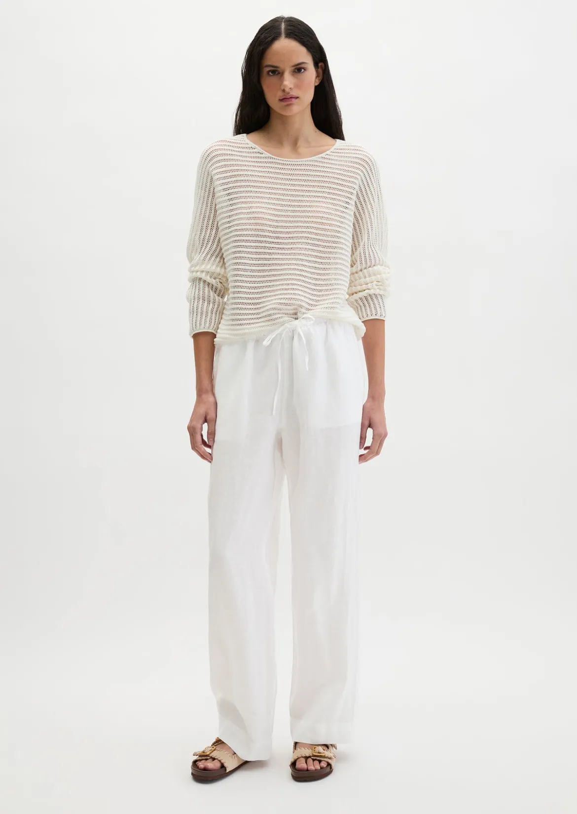 Ajour-Pullover relaxed aus Bio-Baumwolle-Leinen-Mix