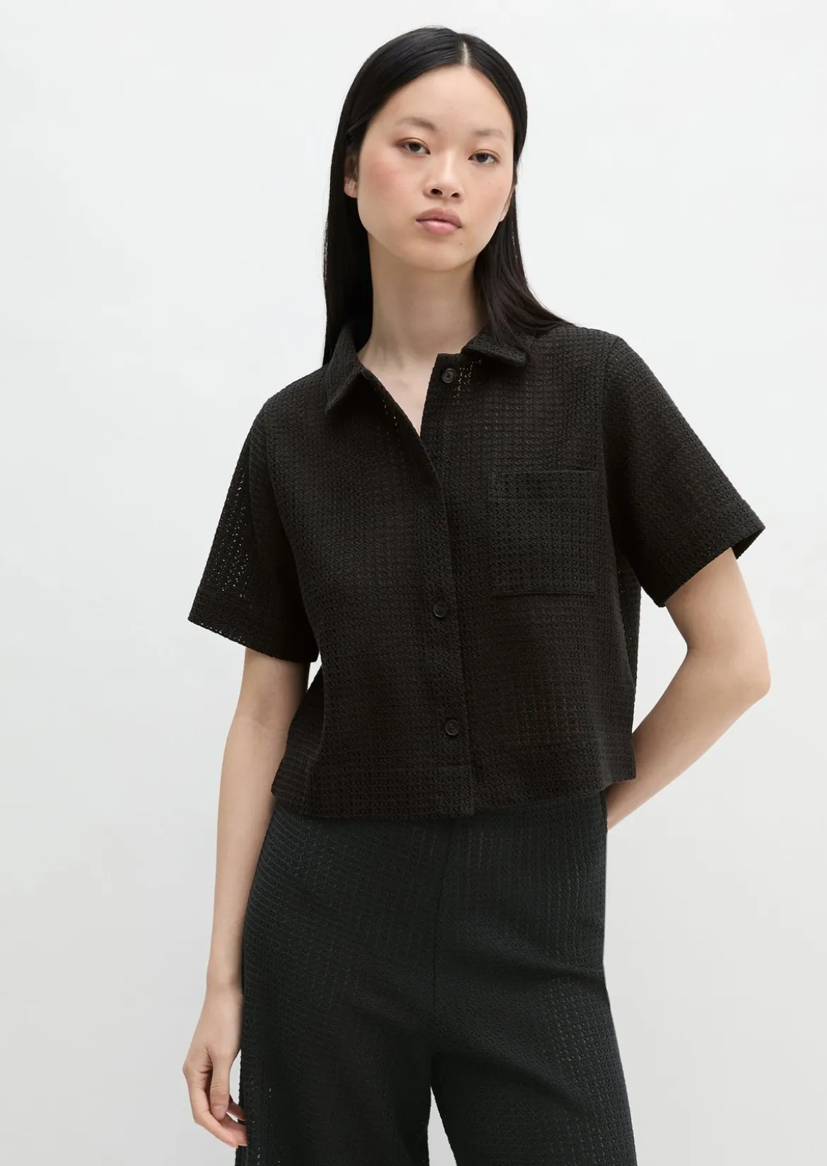 Crochet-Bluse relaxed aus Baumwoll-Mix-Jersey