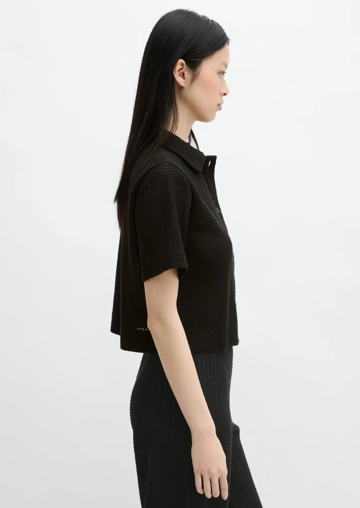 Crochet-Bluse relaxed aus Baumwoll-Mix-Jersey