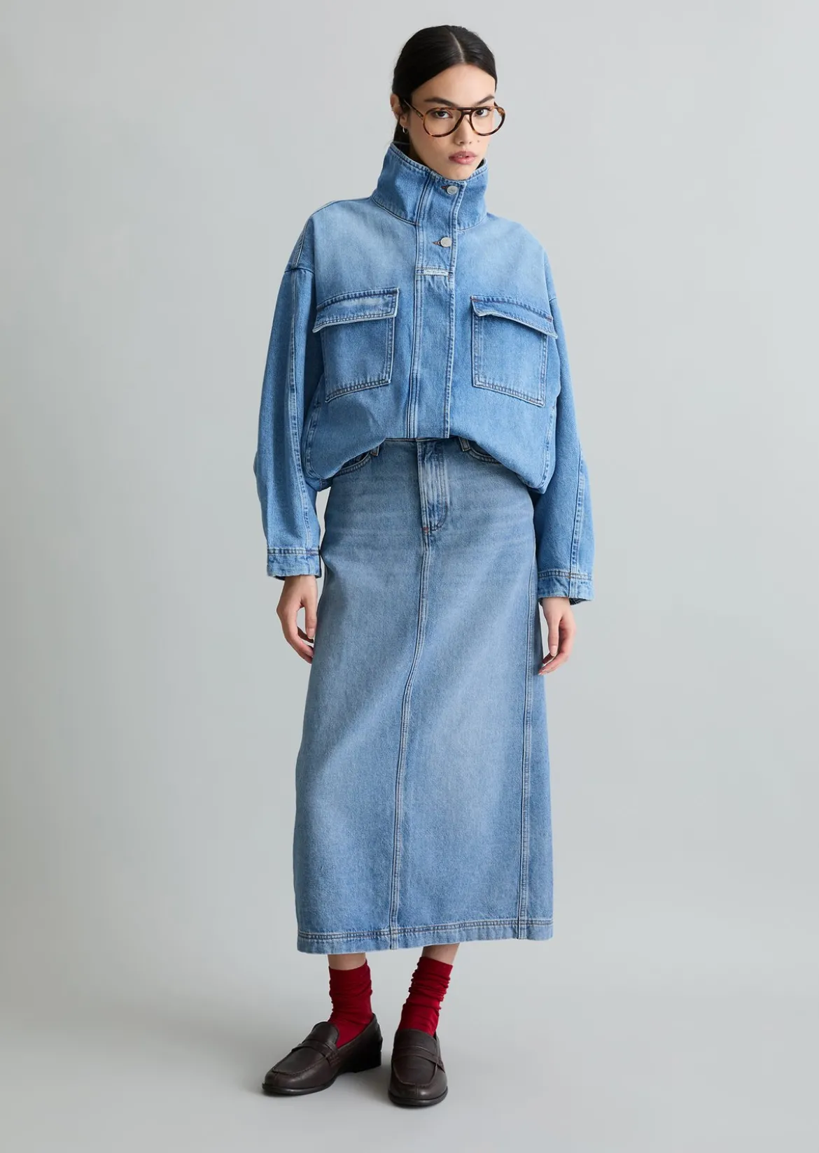 Funnel-Neck-Jeansblouson oversize mit Ananasblattfasern