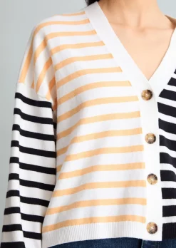 Gestreifter V-Neck-Cardigan relaxed aus Soft Cotton Stretch