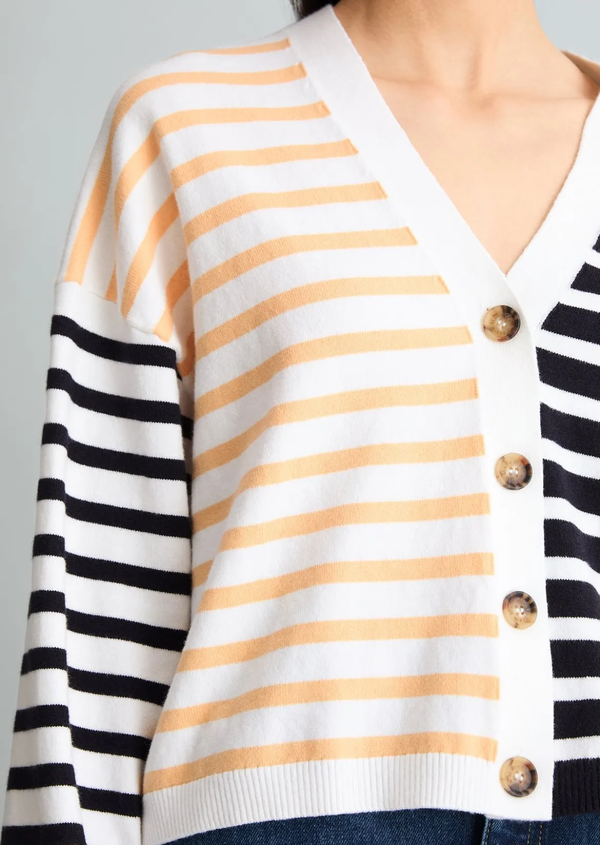 Gestreifter V-Neck-Cardigan relaxed aus Soft Cotton Stretch