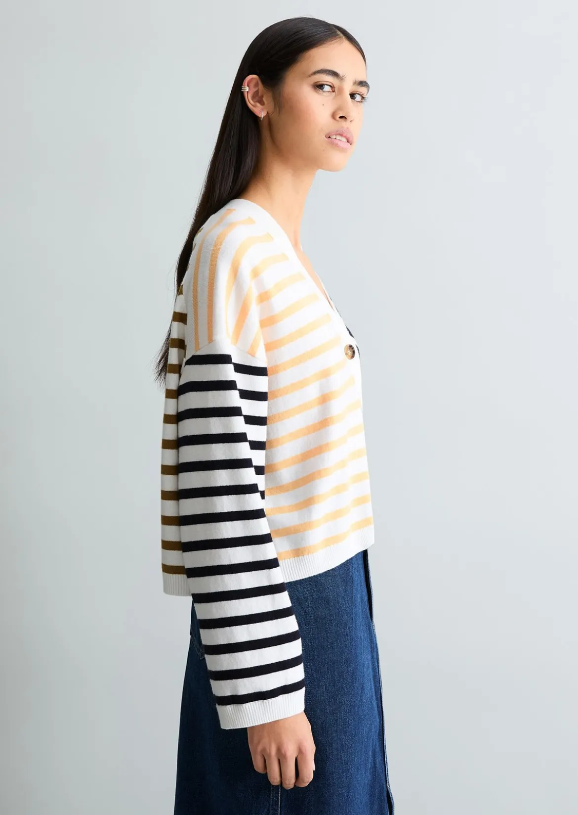 Gestreifter V-Neck-Cardigan relaxed aus Soft Cotton Stretch