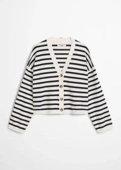Gestreifter V-Neck-Cardigan relaxed aus Soft Cotton Stretch
