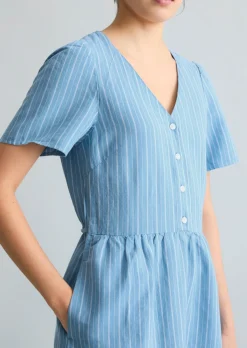 Gestreiftes Kleid regular aus Leinen-Baumwolle-Mix