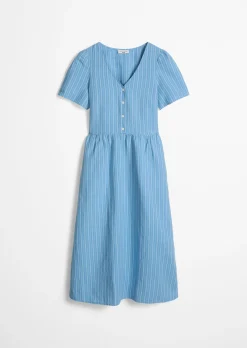 Gestreiftes Kleid regular aus Leinen-Baumwolle-Mix