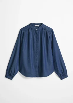 Jeansbluse loose aus Leinen-Mix