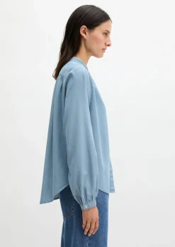 Jeansbluse loose aus Leinen-Mix