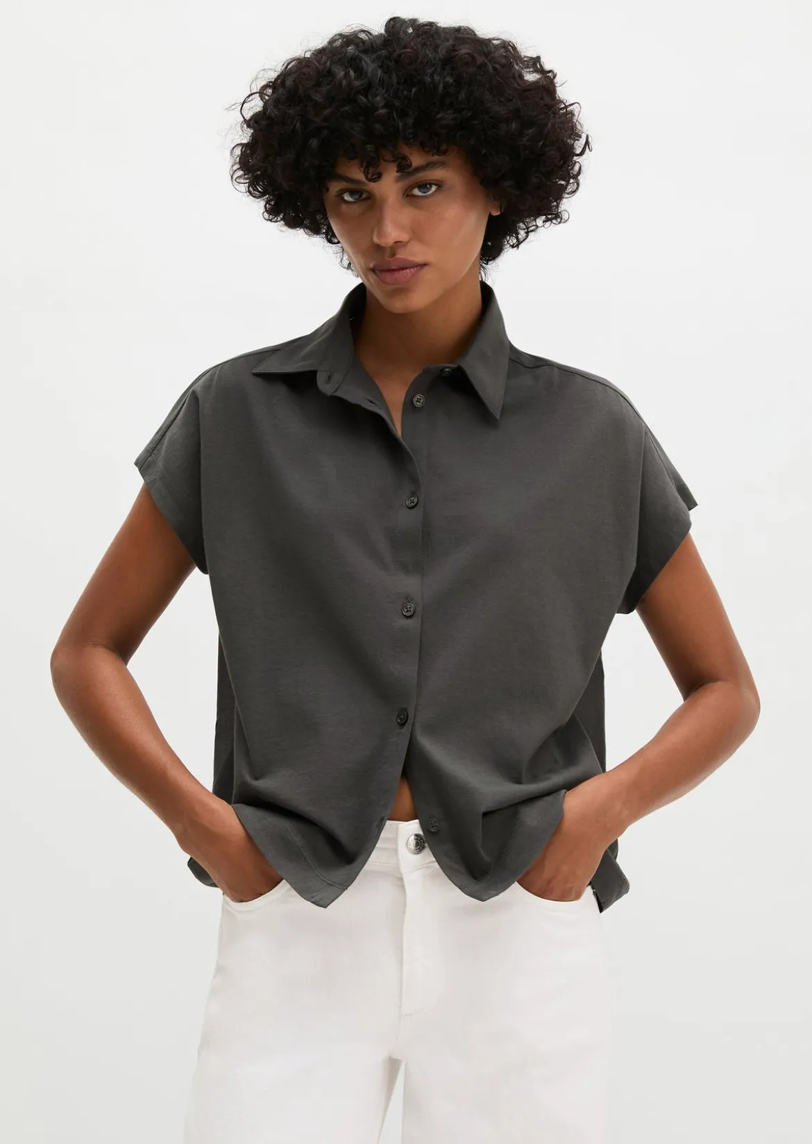 Jerseybluse wide aus Material-Mix
