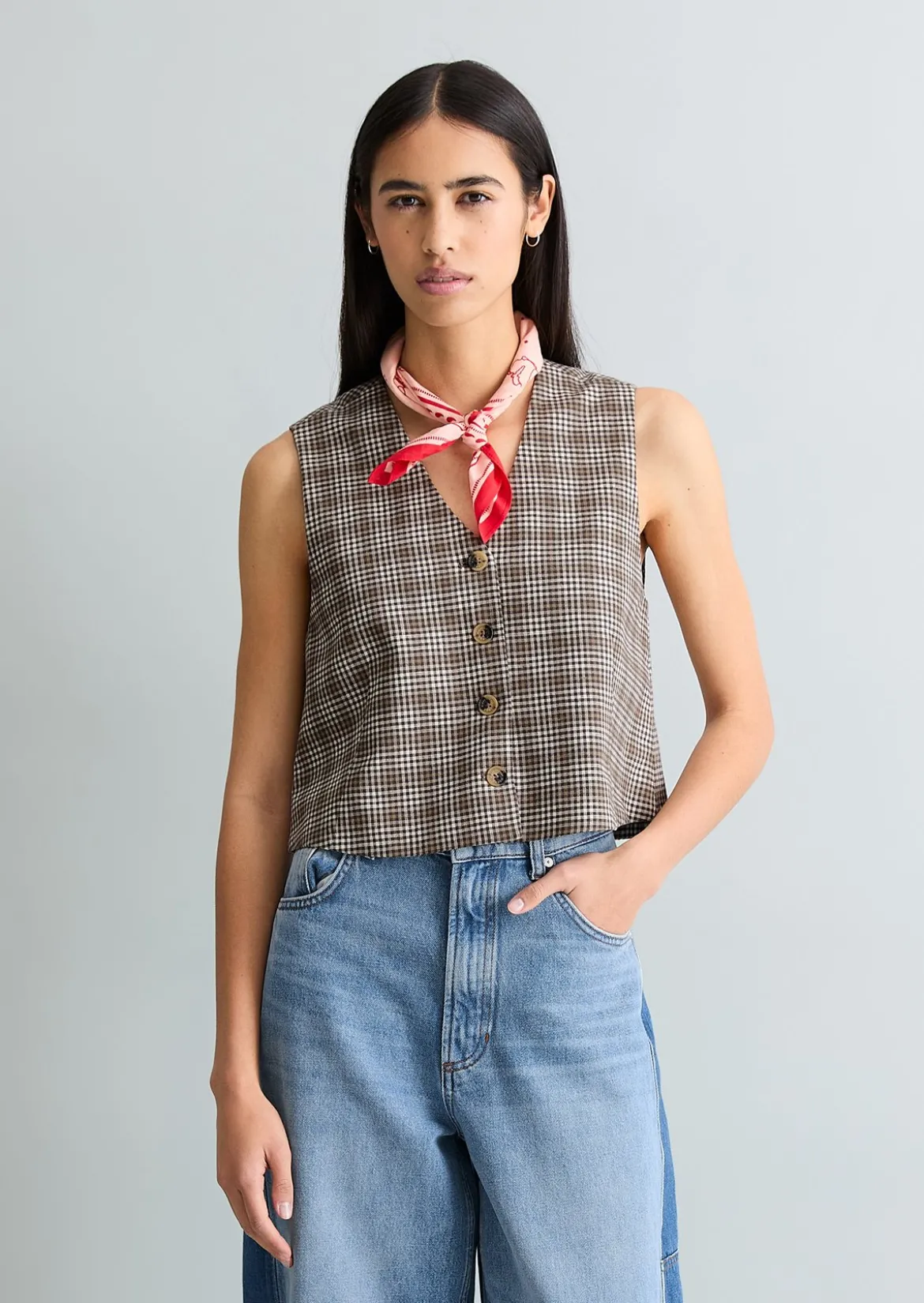 Karierte Weste regular aus Organic Cotton-Leinen-Mix