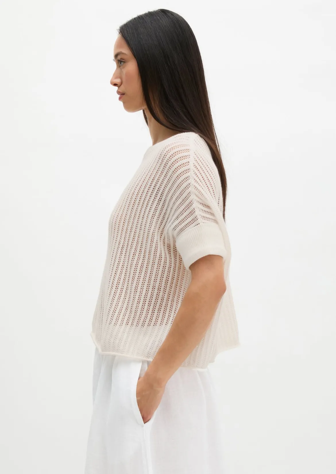 Kurzarm-Strickpullover boxy aus Organic Cotton-Leinen-Mix