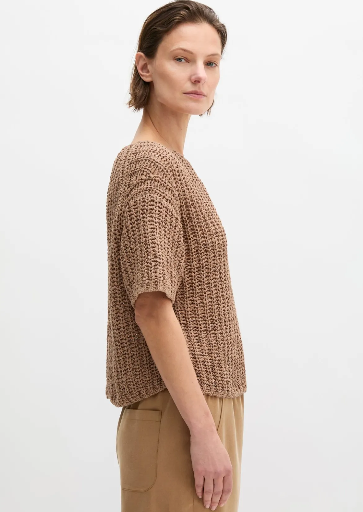 Kurzarm-Strickpullover boxy aus Bändchengarn
