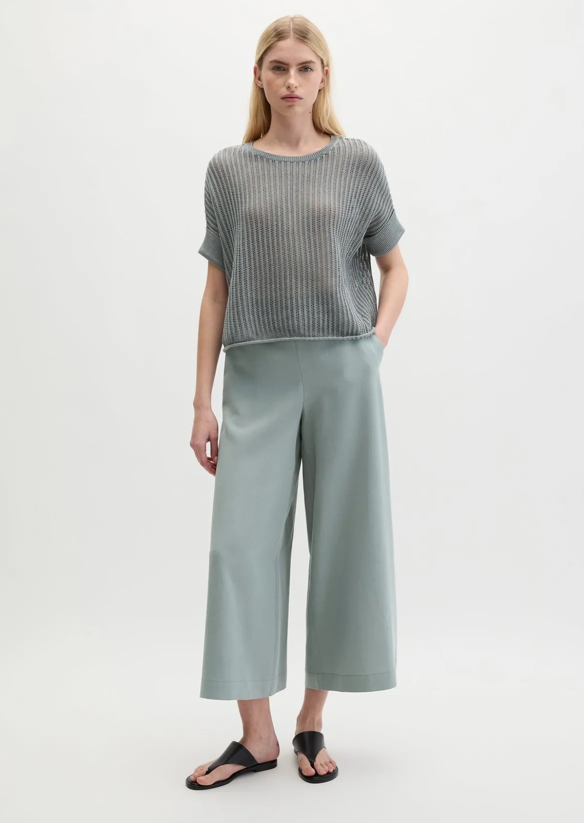 Kurzarm-Strickpullover boxy aus Organic Cotton-Leinen-Mix