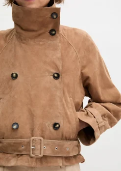 Leder-Trenchjacke relaxed aus softem Ziegenvelours-Leder