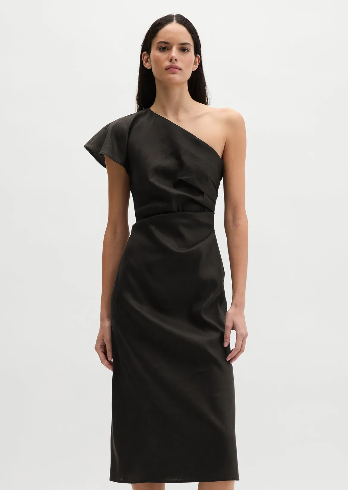 One Shoulder Dress shaped aus Viskose-Leinen-Stretch