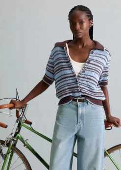Polo-Cardigan regular aus garngefärbtem Bändchengarn