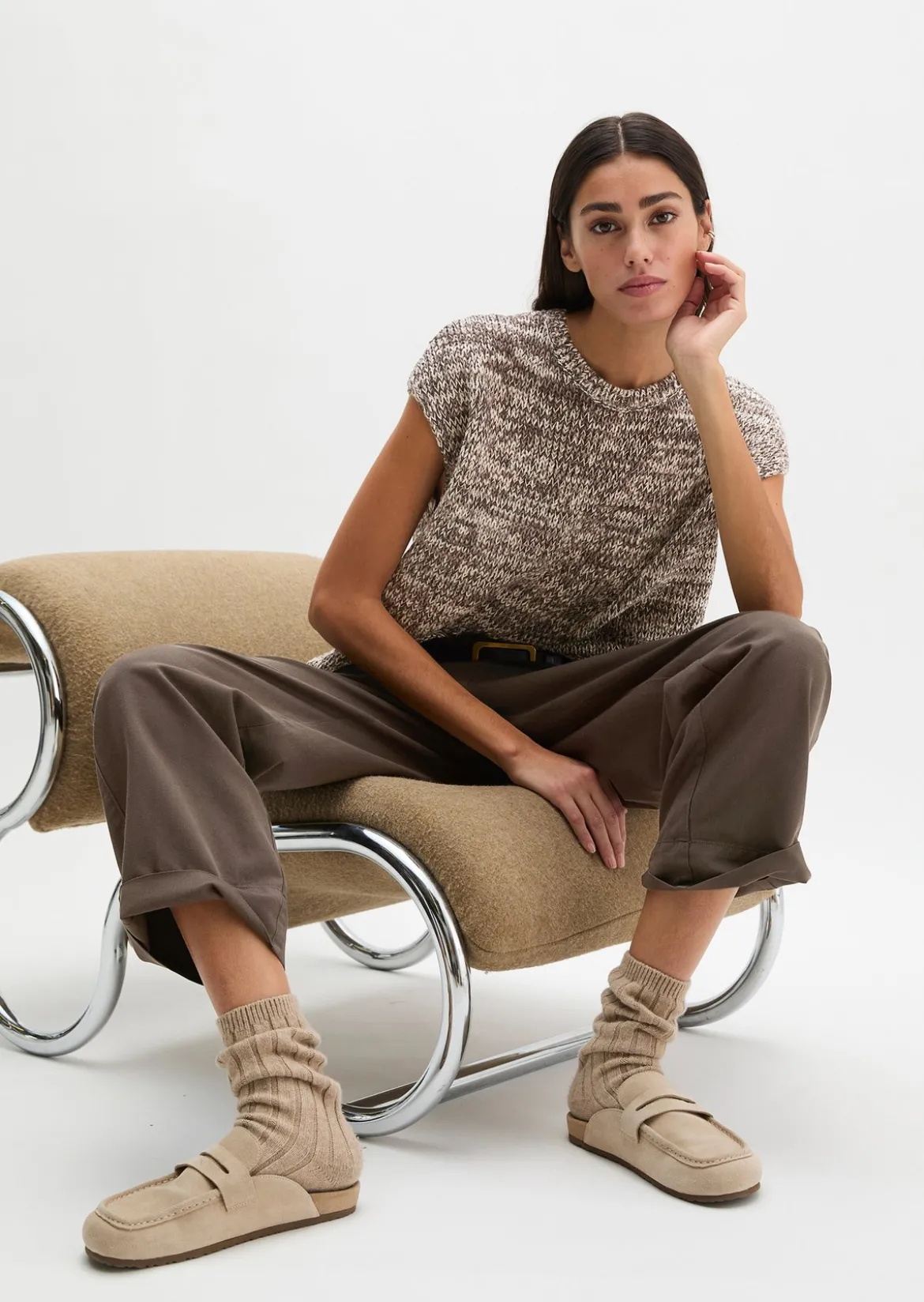 Ärmelloser Strickpullover oversized aus Bändchengarn