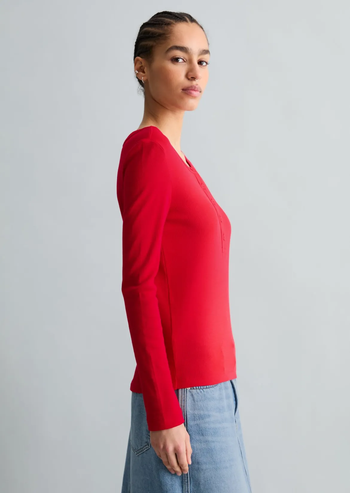 Serafino-Longsleeve regular aus weichem Rippjersey