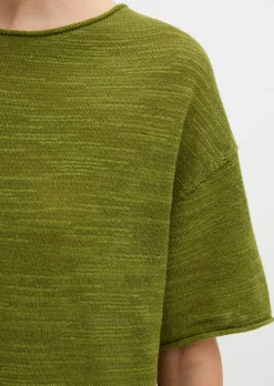 Slub-Kurzarm-Pullover loose aus Leinen-Baumwolle-Mix