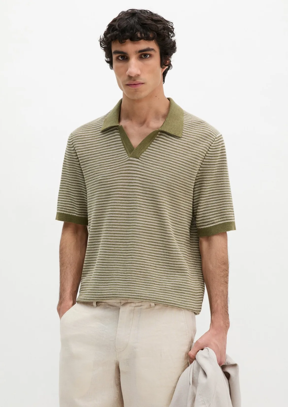 Strick-Poloshirt regular aus Bio-Baumwolle und Leinen