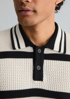 Strick-Poloshirt regular mit Strickvariationen und Streifen