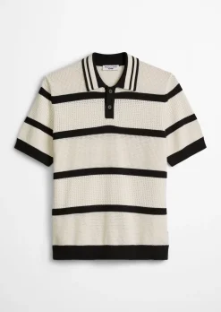 Strick-Poloshirt regular mit Strickvariationen und Streifen
