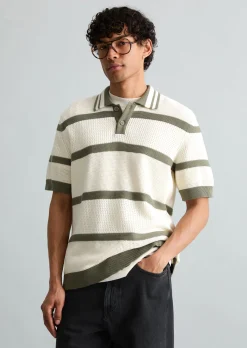 Strick-Poloshirt regular mit Strickvariationen und Streifen