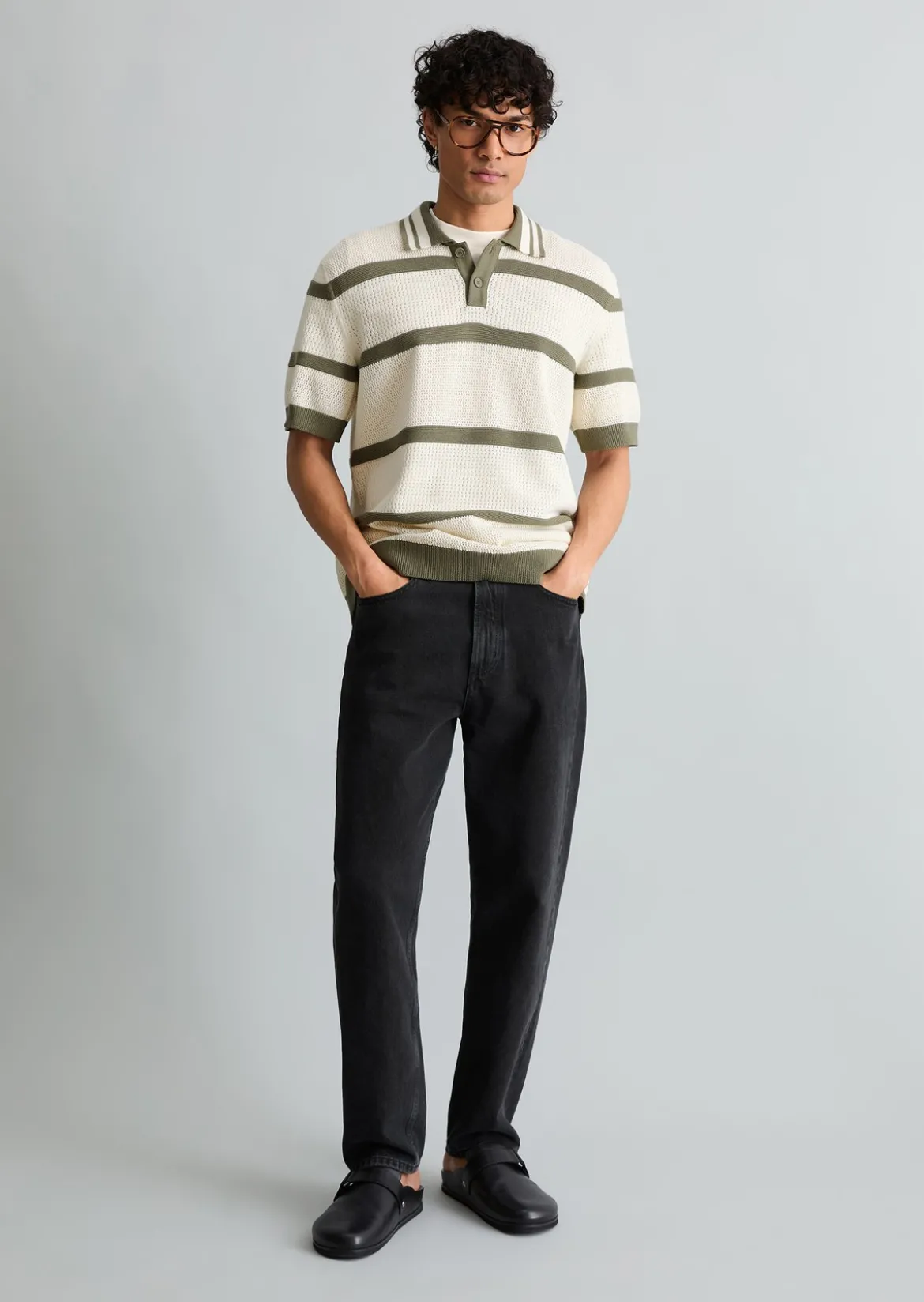 Strick-Poloshirt regular mit Strickvariationen und Streifen