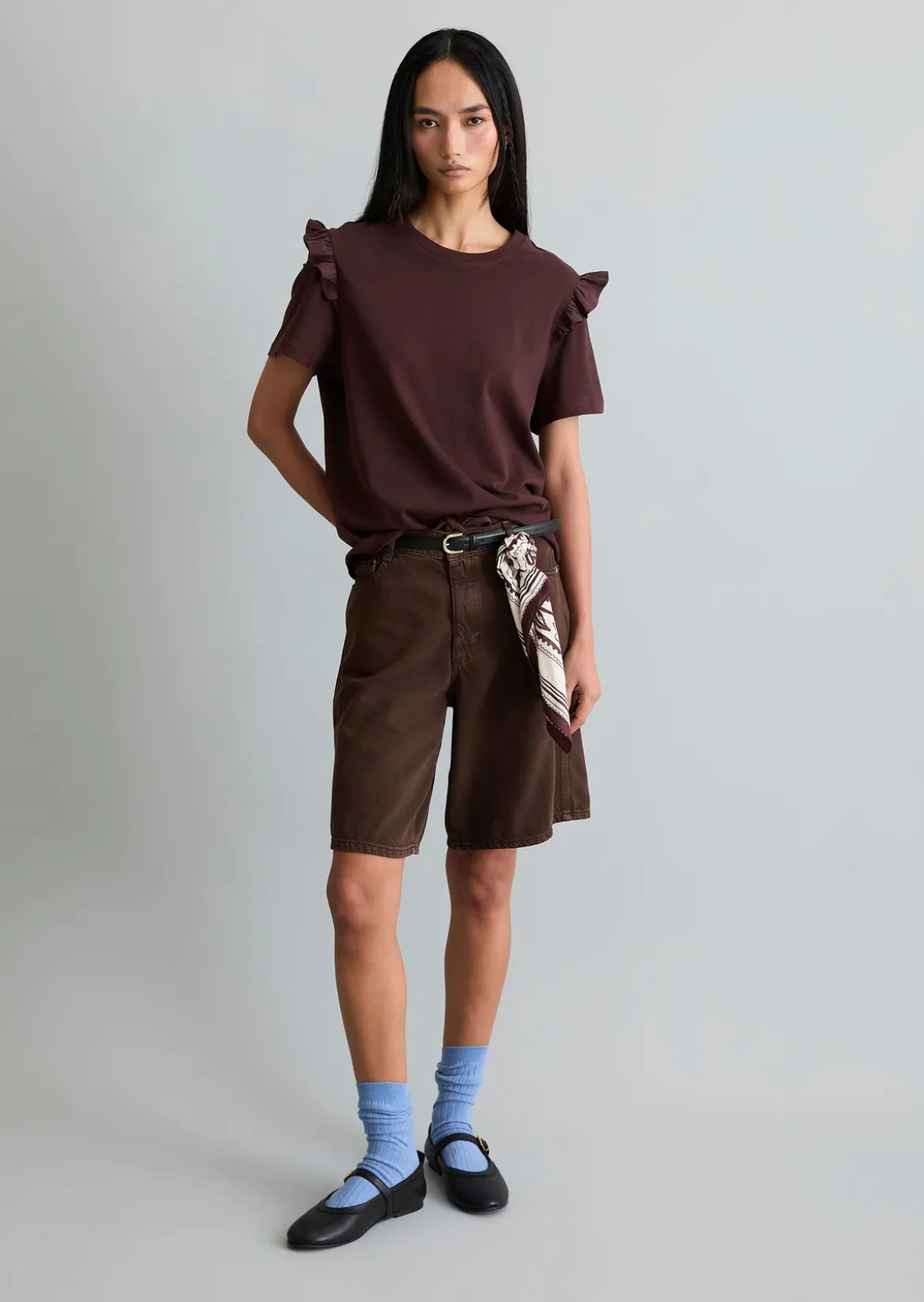 T-Shirt regular mit Popline-Rüschen am Arm