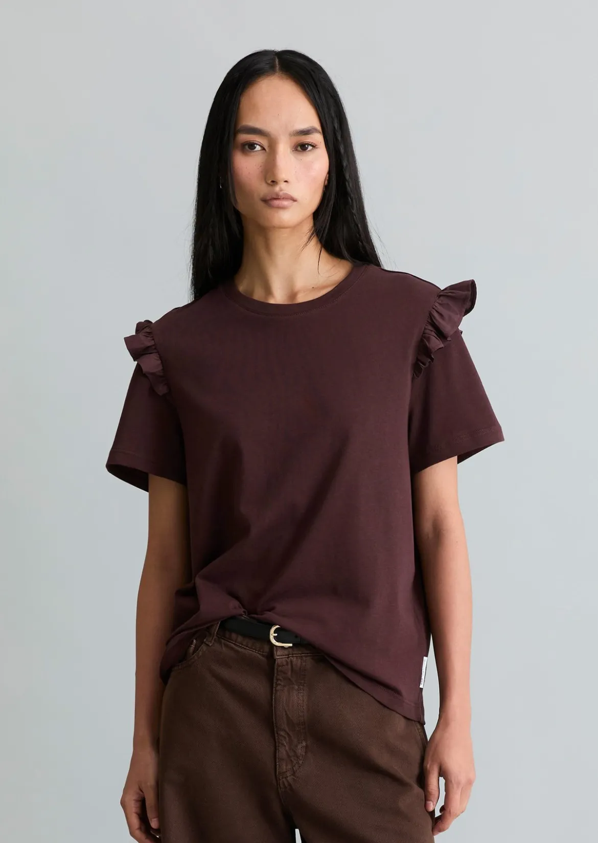 T-Shirt regular mit Popline-Rüschen am Arm