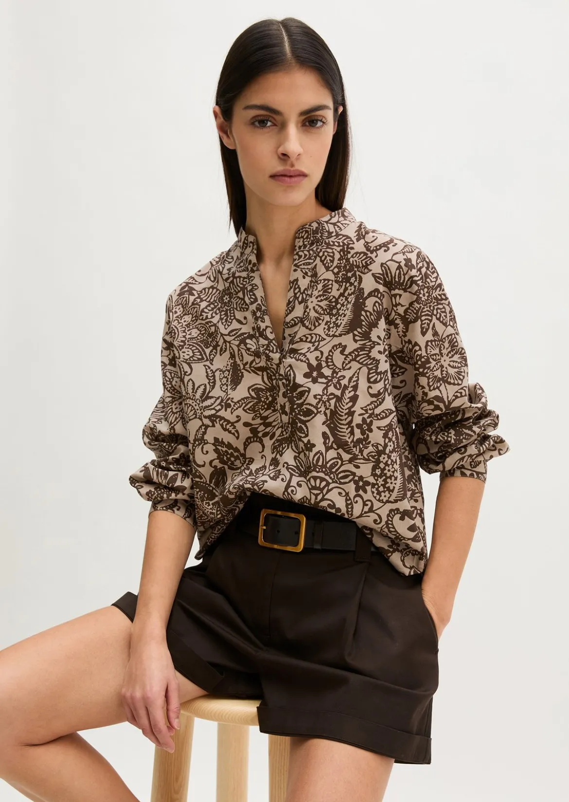 Tunika-Bluse regular aus bedrucktem Baumwoll-Voile